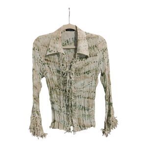 Le Caviar Women's Blouse Laser Cut Ruffle White/Green Long Sleeve Button Up M